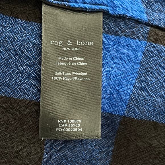 Rag & Bone Blouse S/P Camille Buffalo Check Blue & Black Hi/Low Blouson Shirt - Picture 8 of 8